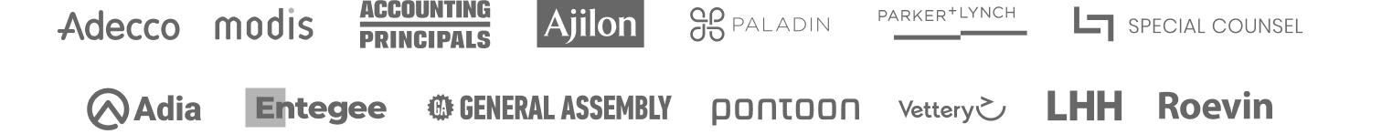 Our company logos: Adecco, Modis, Accounting Principals, Ajilon, Paladin, Parker + Lynch, Special Counsel, Vendorpass, Adia, Entegee, General Assembly, Pontoon, Vettery, LHH, Roevin